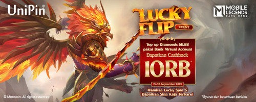 Top Up MLBB Pakai Bank Virtual Account dan Mainkan Lucky Flip –  Dapatkan Cashback 10rb UniPin Credits dan Skin Kaja Terbaru